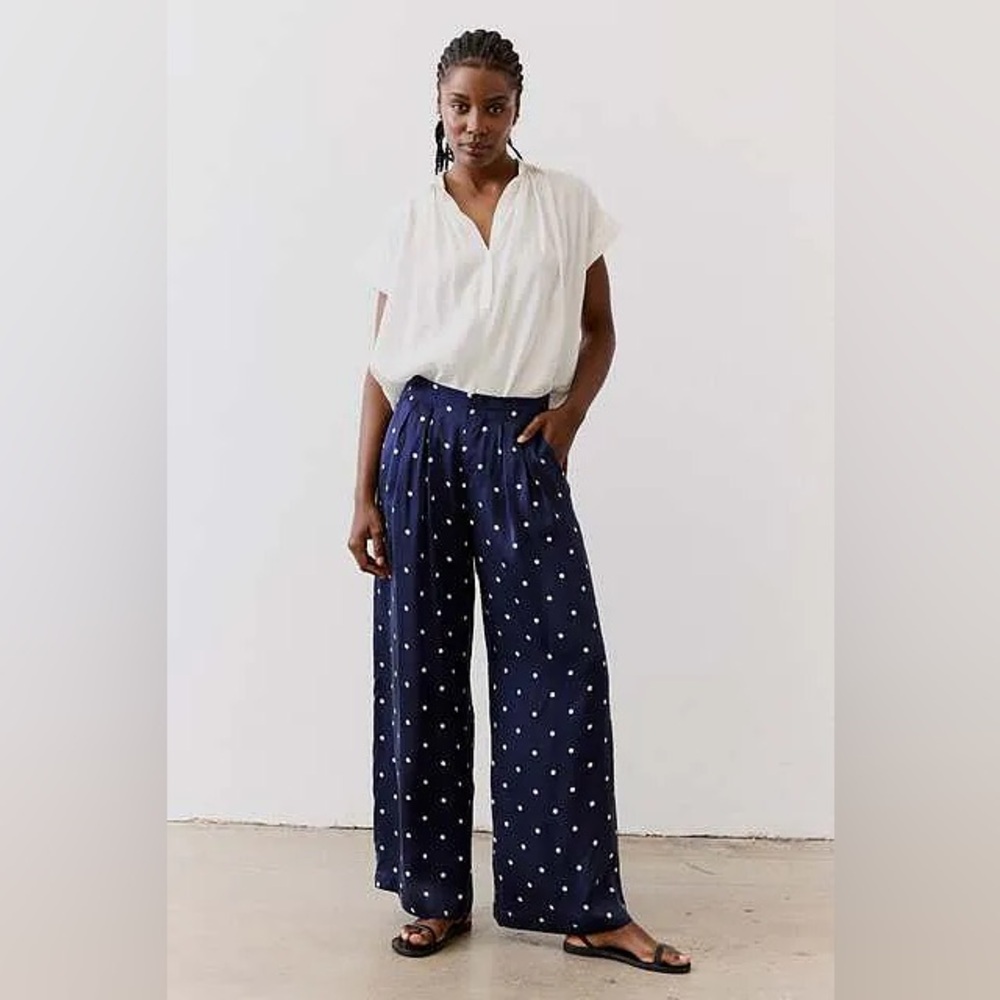 Ruti Easy Washable Silk Wide Leg Pull on Trousers Navy white Polka dot size 12
